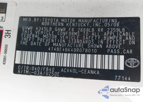 2009 Toyota Camry Le from USA, damaged, VIN 4T4BE46K49R078010